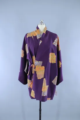 1960s Vintage Silk Haori Kimono Jacket Wrap Coat Dochugi Haori / Purple Floral