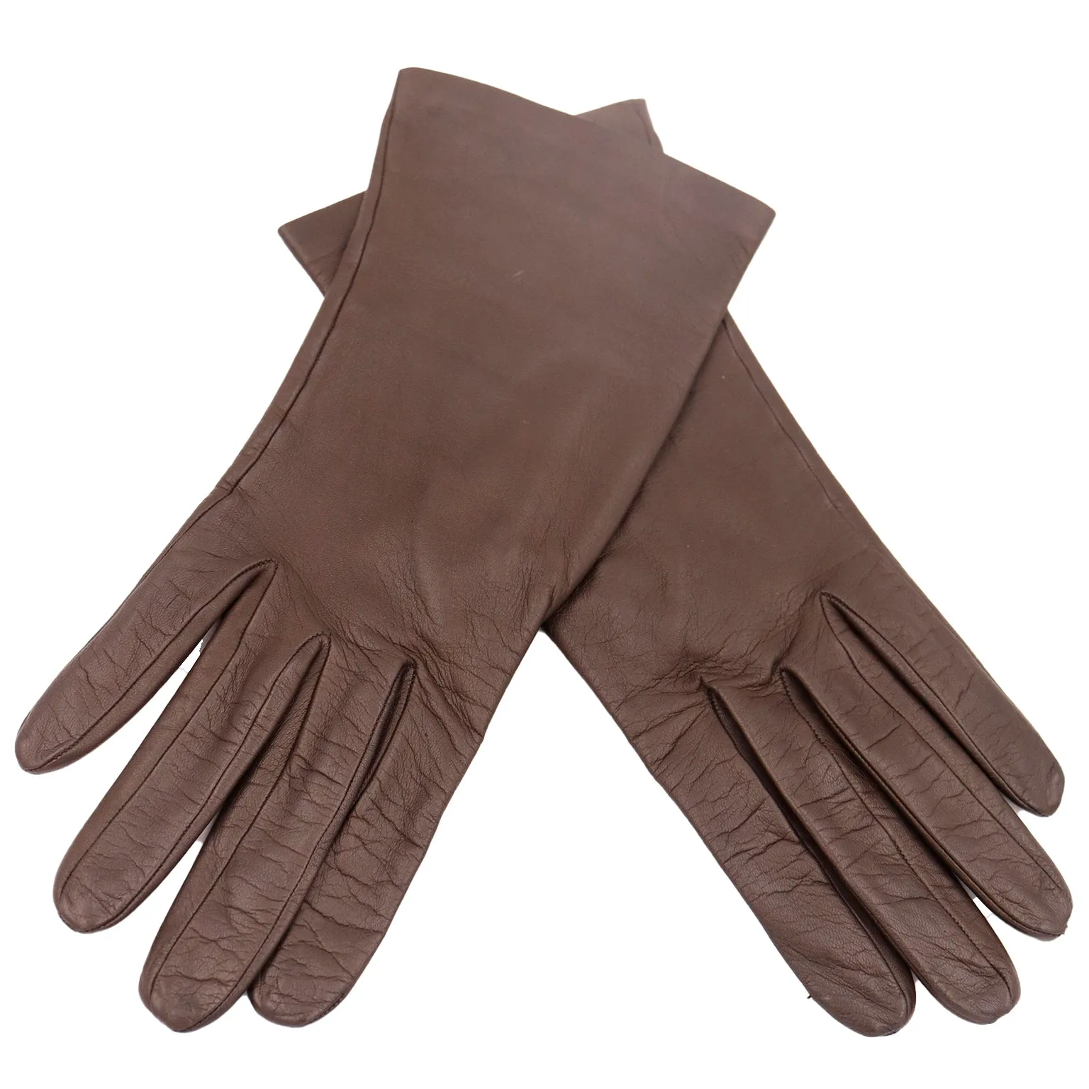 1970s Loewe Vintage Brown Leather Silk Lined Gloves