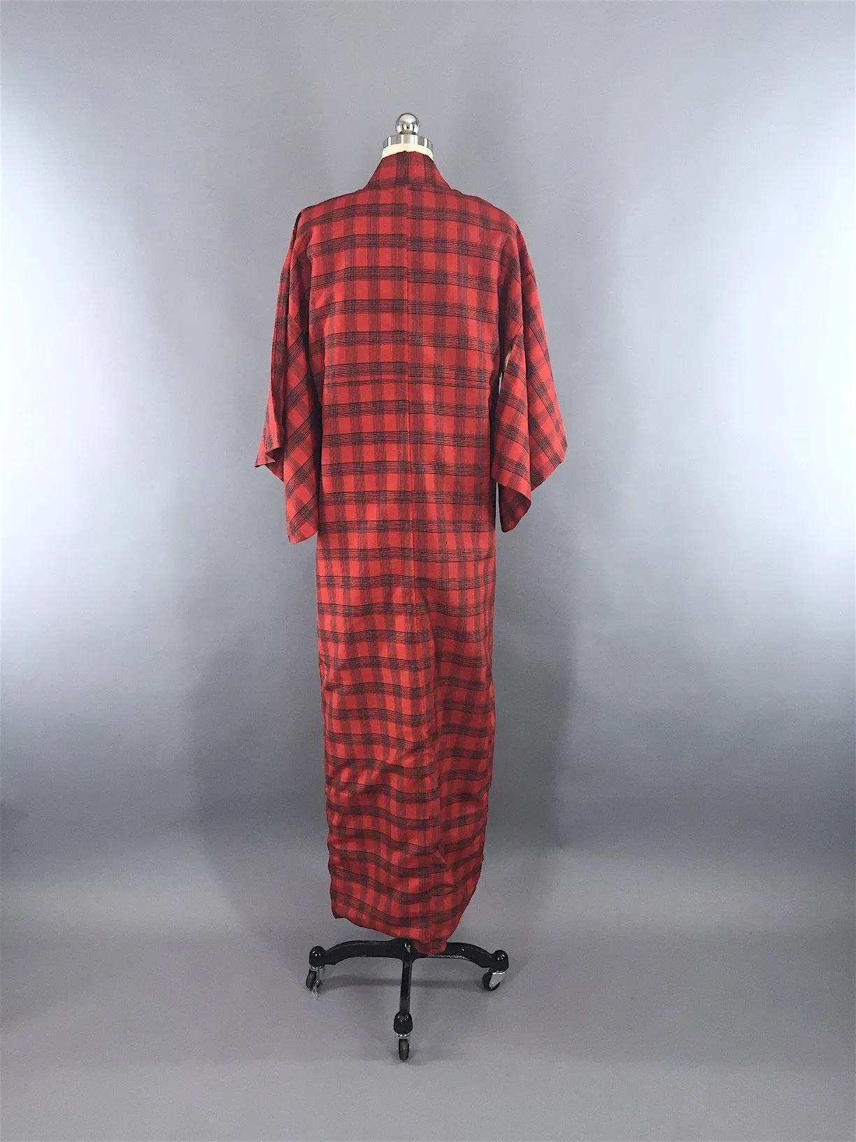 1970s Vintage Kimono Robe / Red Plaid Robe