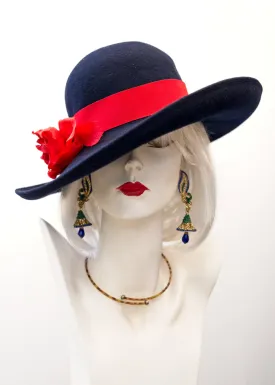 1970s Vintage Wide Brim Felt Phillip Somerville Hat • Blue Red Flower