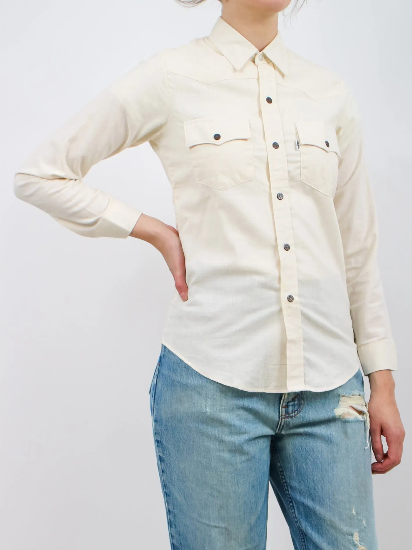 1970s White Cotton Snap Front Western Style Levi's Shirt orange tab