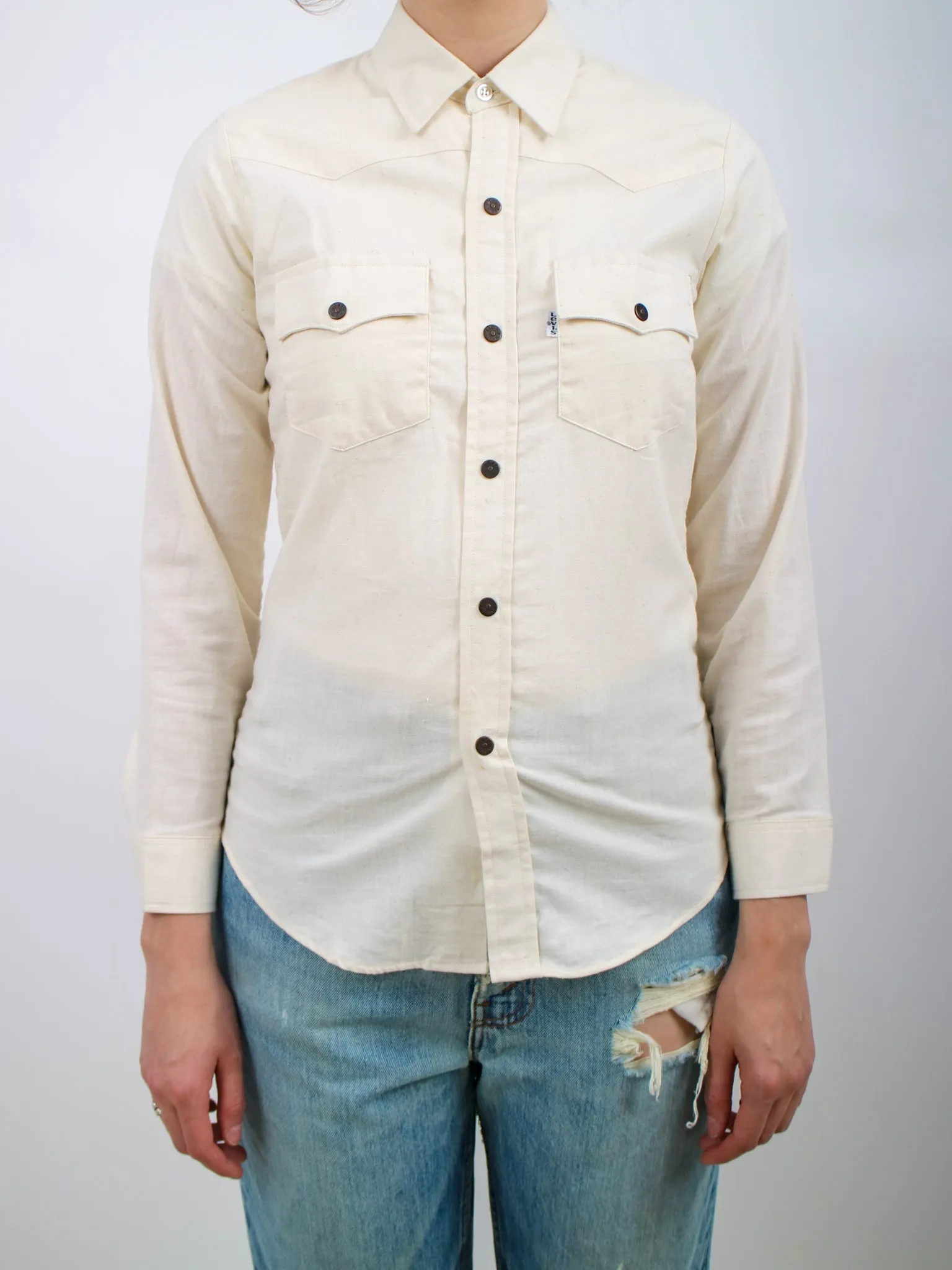 1970s White Cotton Snap Front Western Style Levi's Shirt orange tab