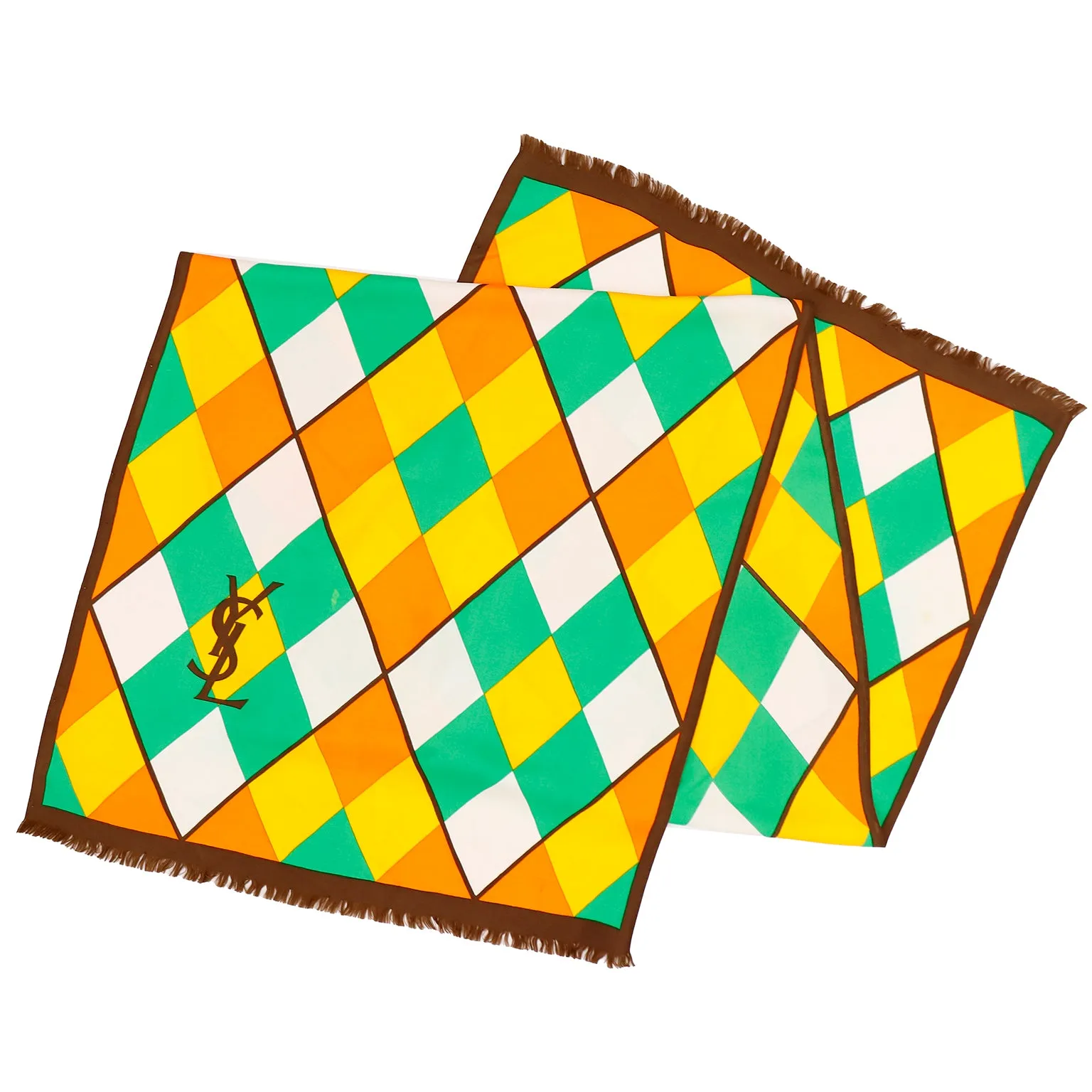 1970s YSL Harlequin Yellow Orange Green and Brown Silk Scarf