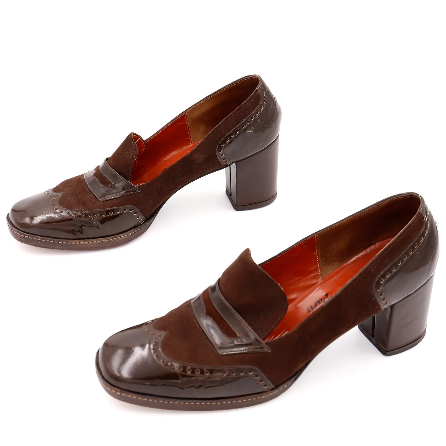 1970s Yves Saint Laurent Brown Leather & Suede Wingtip Heeled Loafers