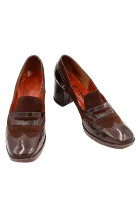 1970s Yves Saint Laurent Brown Leather & Suede Wingtip Heeled Loafers