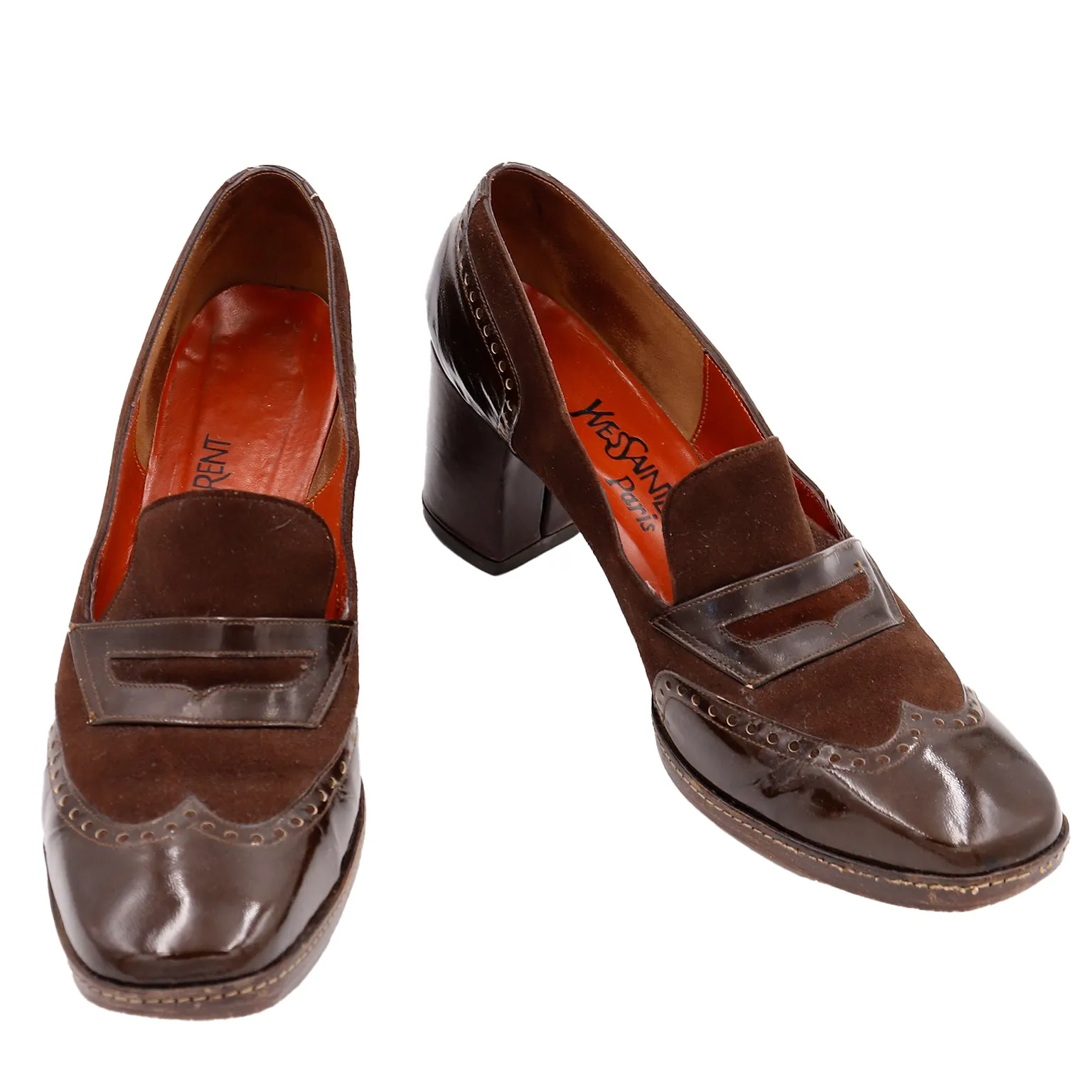 1970s Yves Saint Laurent Brown Leather & Suede Wingtip Heeled Loafers