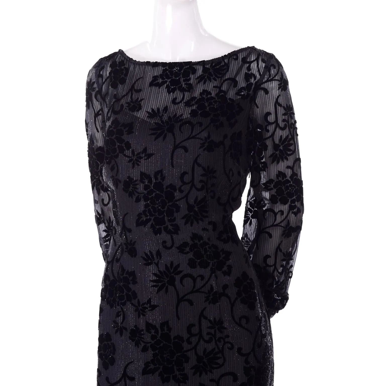 1980s Bloomingdales Vintage Burn Out Black Velvet Evening Dress