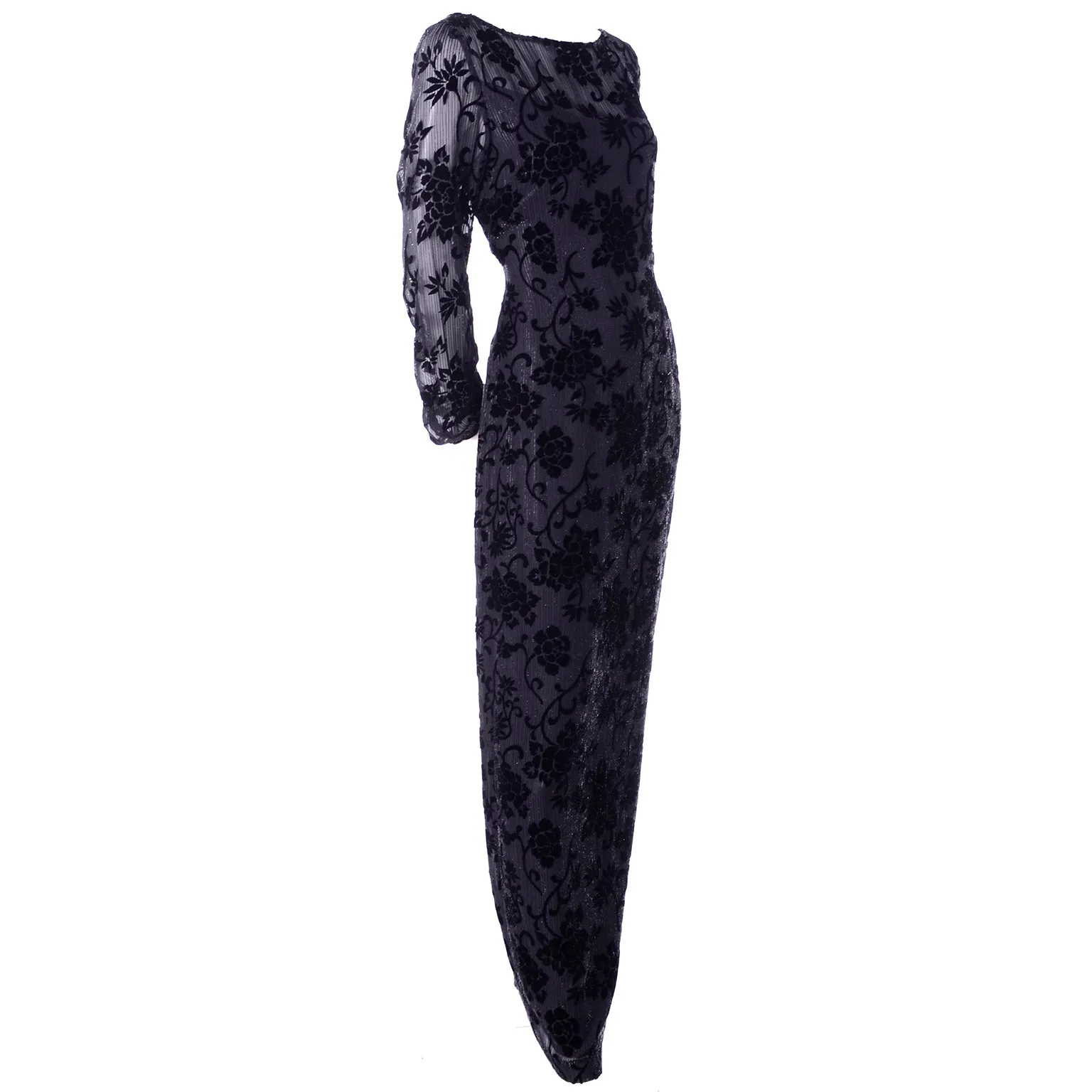 1980s Bloomingdales Vintage Burn Out Black Velvet Evening Dress