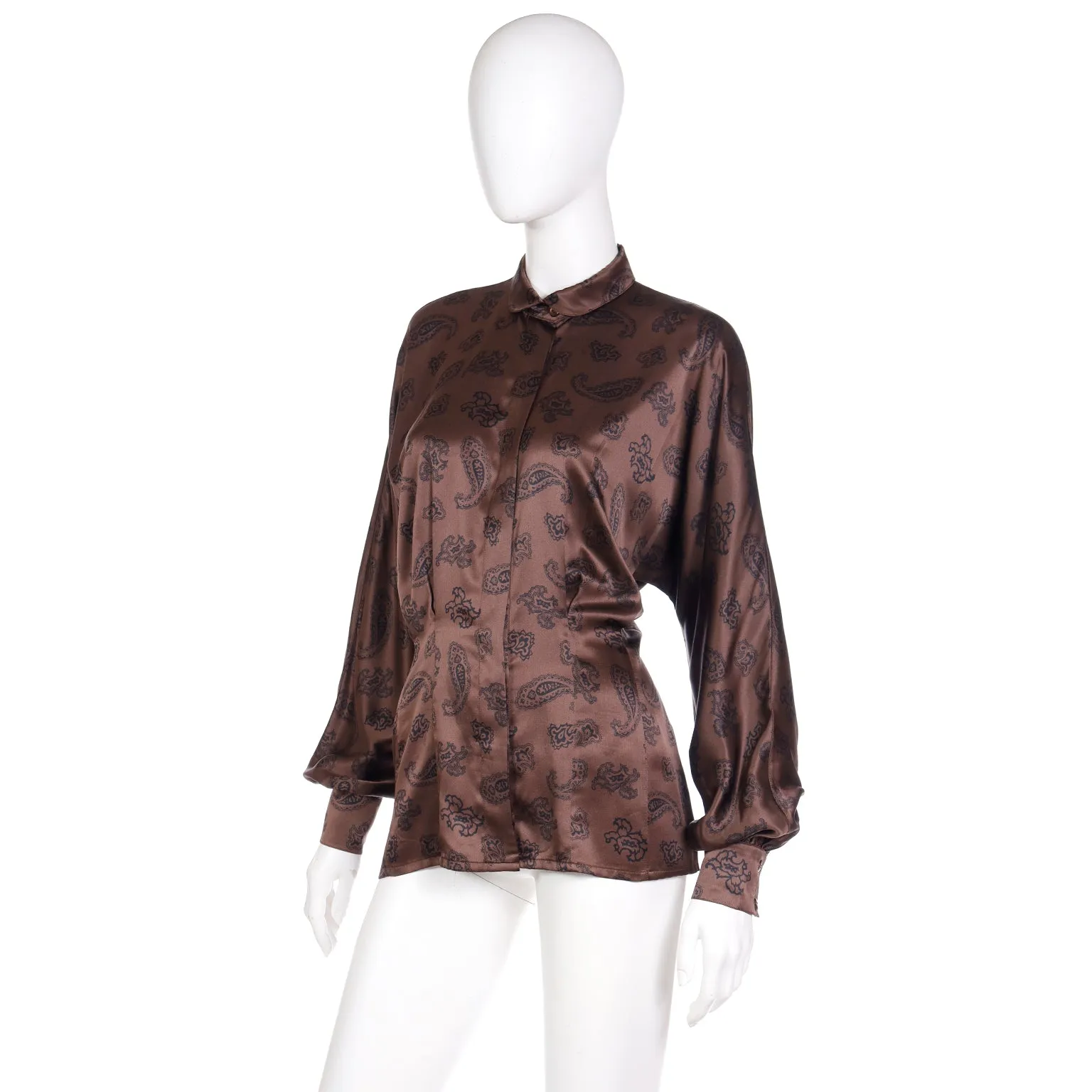 1980s Escada Margaretha Ley Brown & Black Paisley Silk Blouse