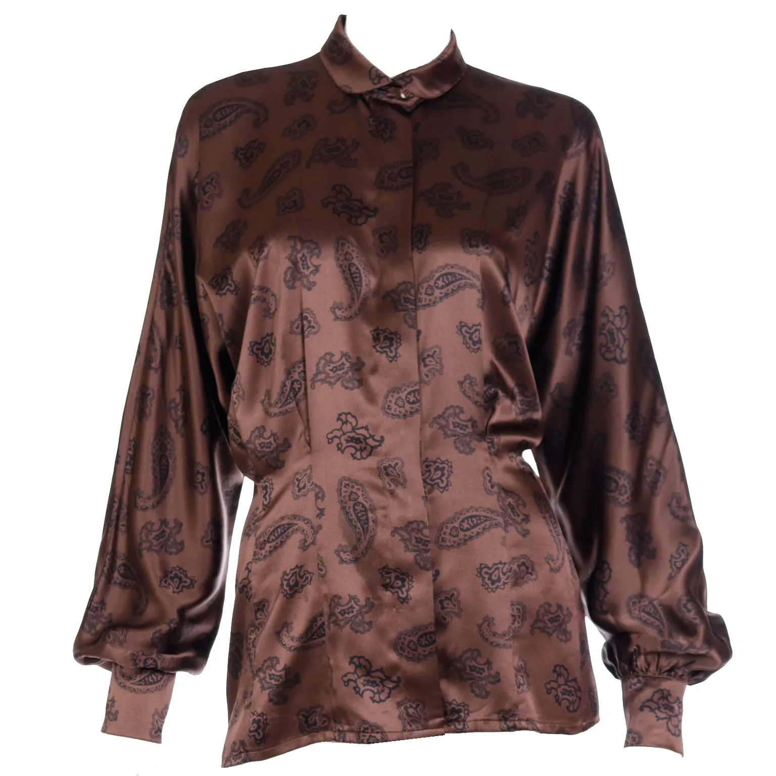 1980s Escada Margaretha Ley Brown & Black Paisley Silk Blouse