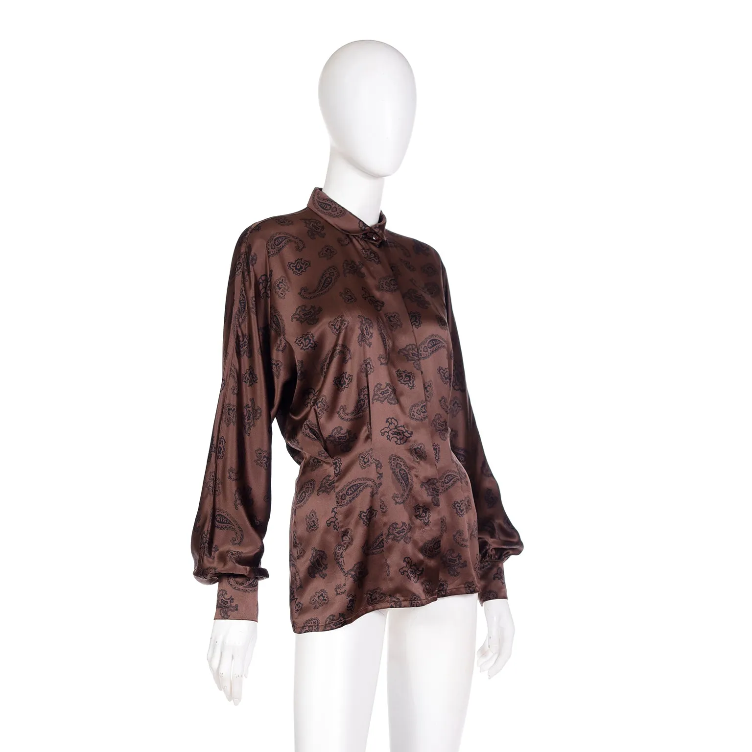 1980s Escada Margaretha Ley Brown & Black Paisley Silk Blouse