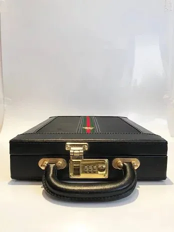 1980s GUCCI BLACK WEB STRIPE VERTICAL BRIEFCASE WITH MATCHING WALLET