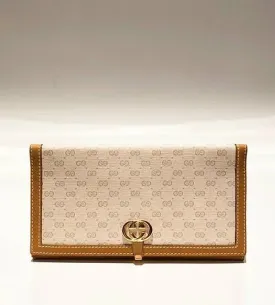 1980s Gucci Brown Cream interlocking logo clutch monogram wallet