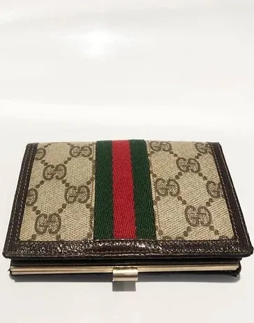 1980s GUCCI MONOGRAM WEB STRIPE METAL GG LOGO CLUTCH WALLET