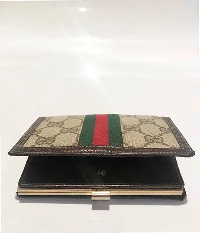 1980s GUCCI MONOGRAM WEB STRIPE METAL GG LOGO CLUTCH WALLET