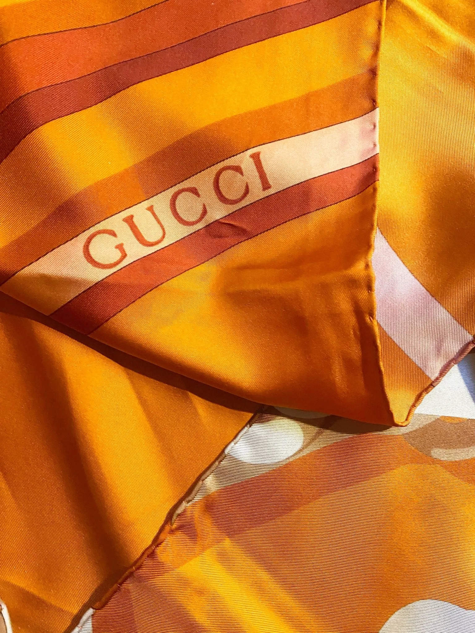 1980s Gucci Orange Gold Horsebit Silk Scarf