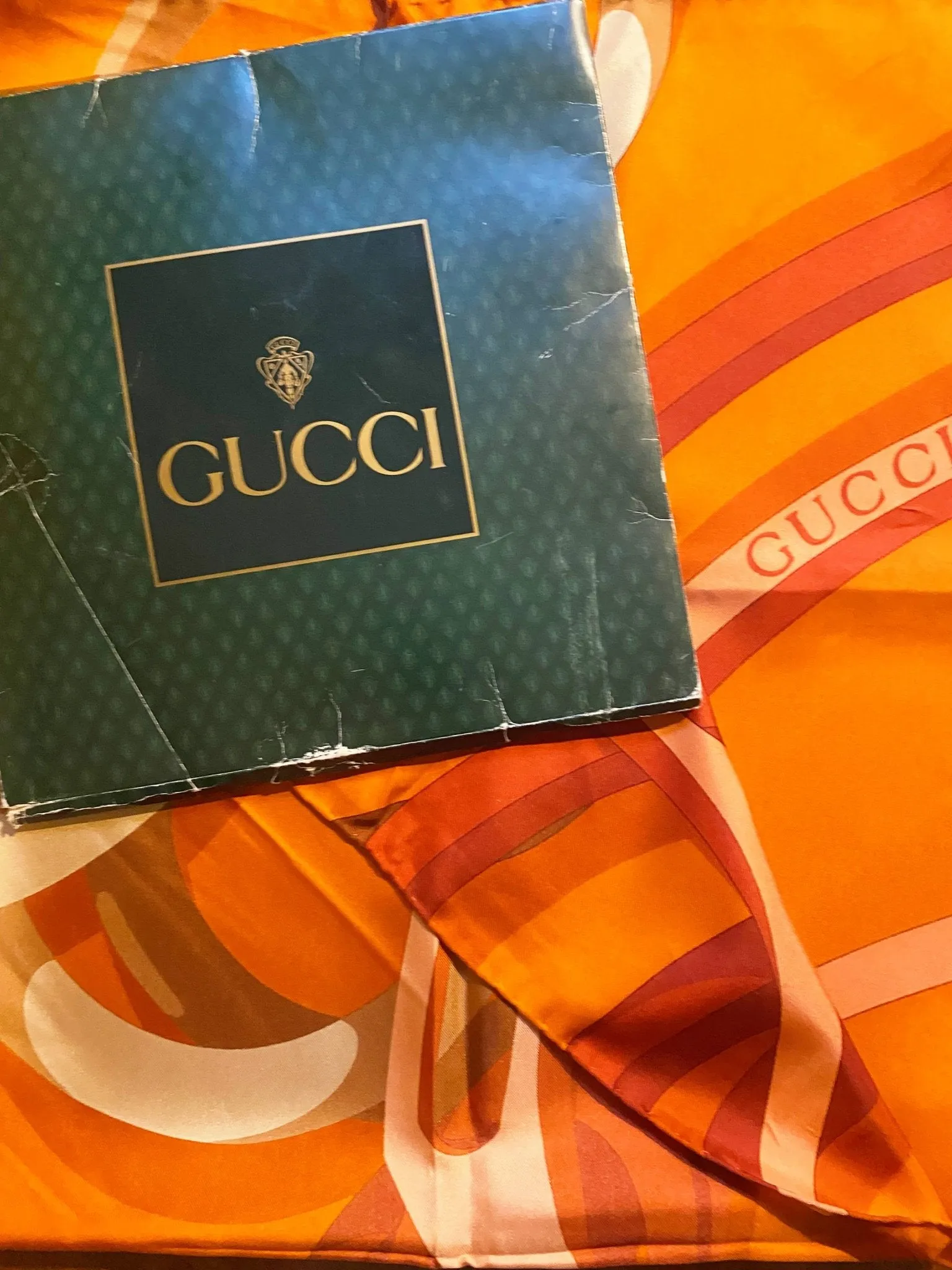 1980s Gucci Orange Gold Horsebit Silk Scarf