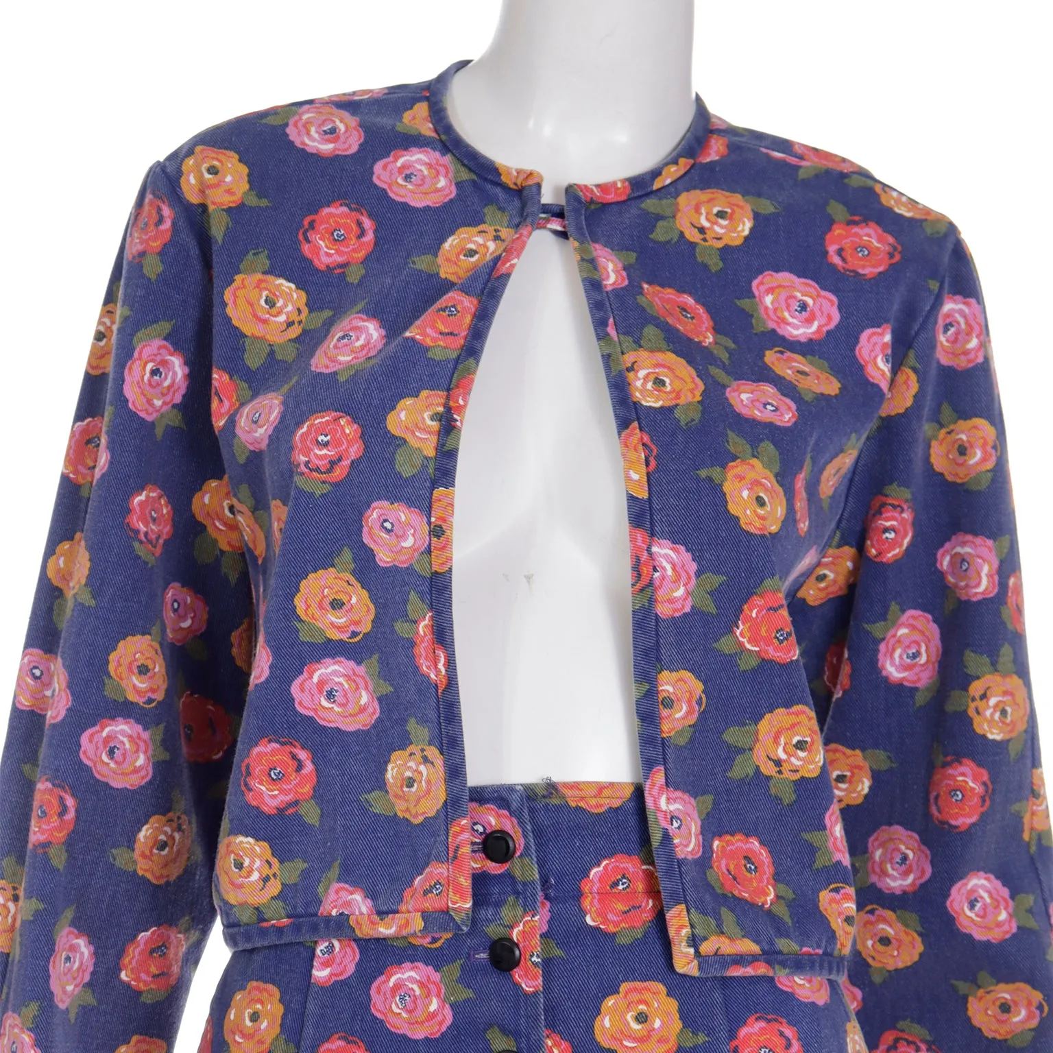 1980s Ungaro Floral Denim Jacket and Mini Skirt Two Piece Suit