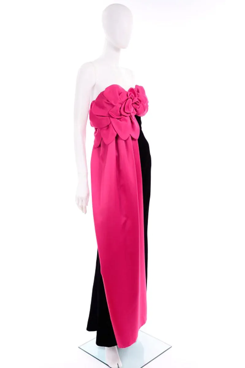 1980s Victor Costa Black Velvet Strapless Evening Dress w Hot Pink Satin