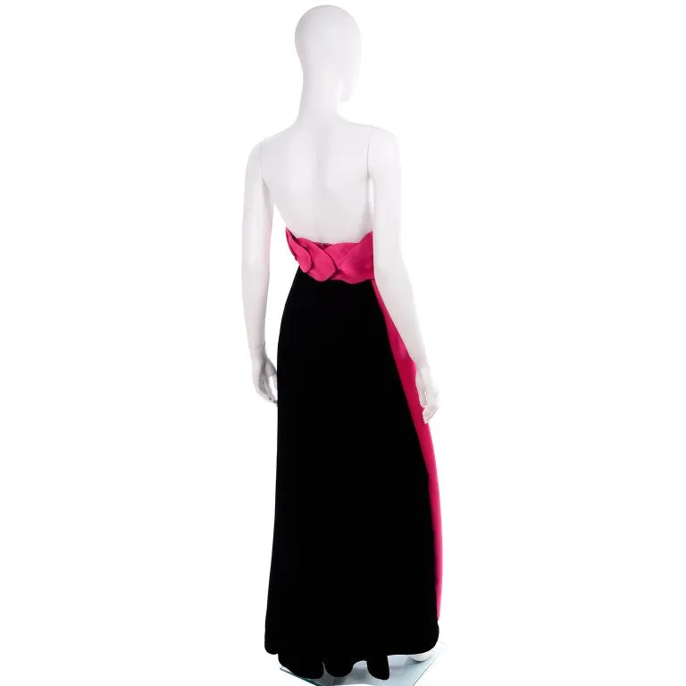 1980s Victor Costa Black Velvet Strapless Evening Dress w Hot Pink Satin