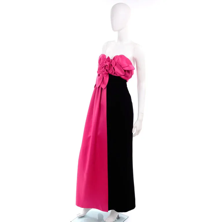 1980s Victor Costa Black Velvet Strapless Evening Dress w Hot Pink Satin