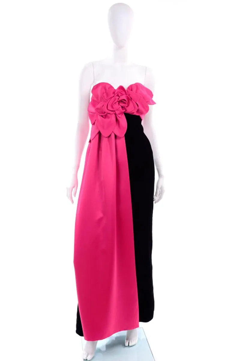 1980s Victor Costa Black Velvet Strapless Evening Dress w Hot Pink Satin