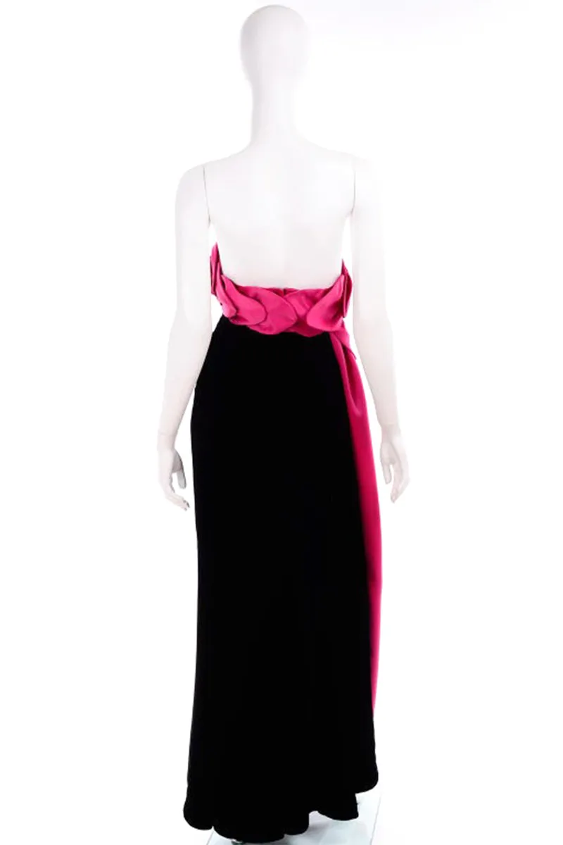 1980s Victor Costa Black Velvet Strapless Evening Dress w Hot Pink Satin