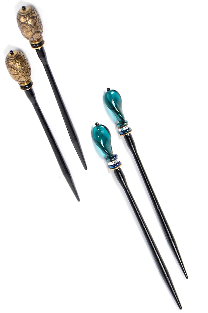 1980s Vintage Mei Fa Hair Sticks Gold Baroque & Green Murano Glass