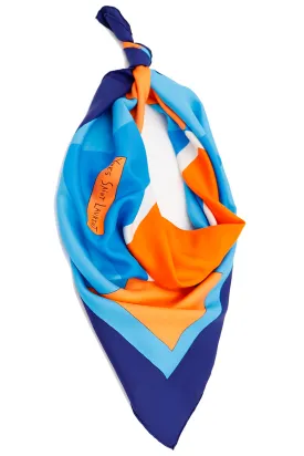 1980s Yves Saint Laurent Vintage Orange & Blue Geometric Print Silk Scarf