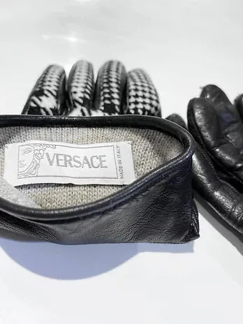 1990s GIANNI VERSACE HOUNDSTOOTH WOOL LEATHER MEDUSA GLOVES