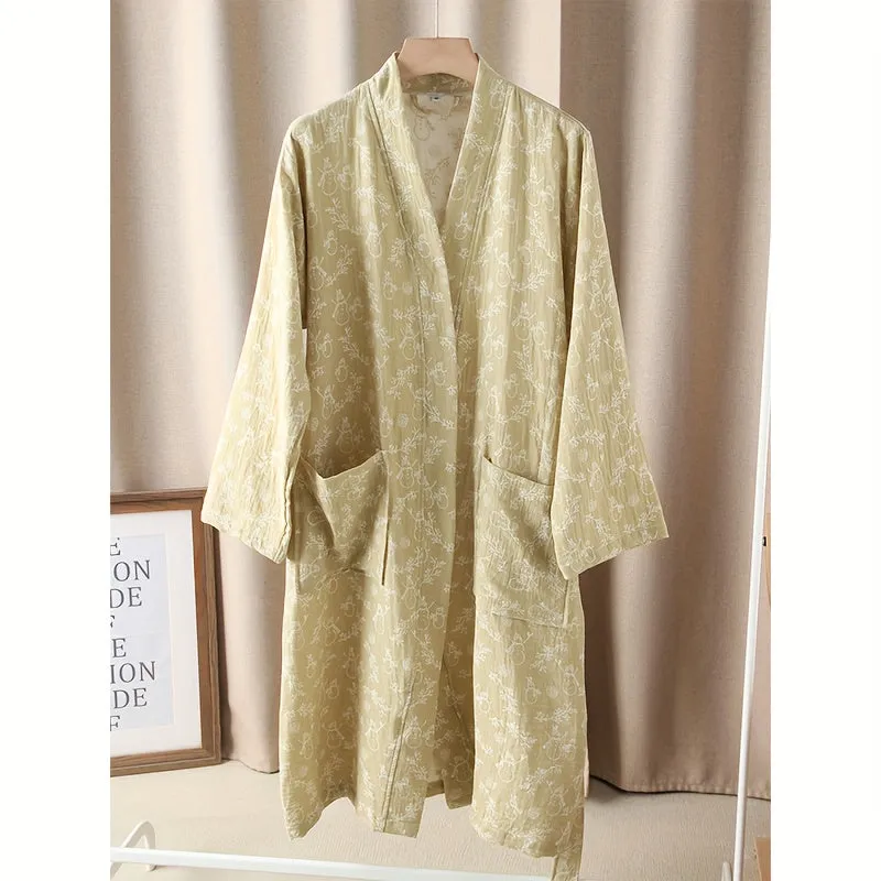 1pc Unisex Double Layer Cotton Gauze Bathrobe, Quick-Dry Absorbent Robe For Spring/Autumn, Modern Homewear Sleepwear, Couples Loungewear