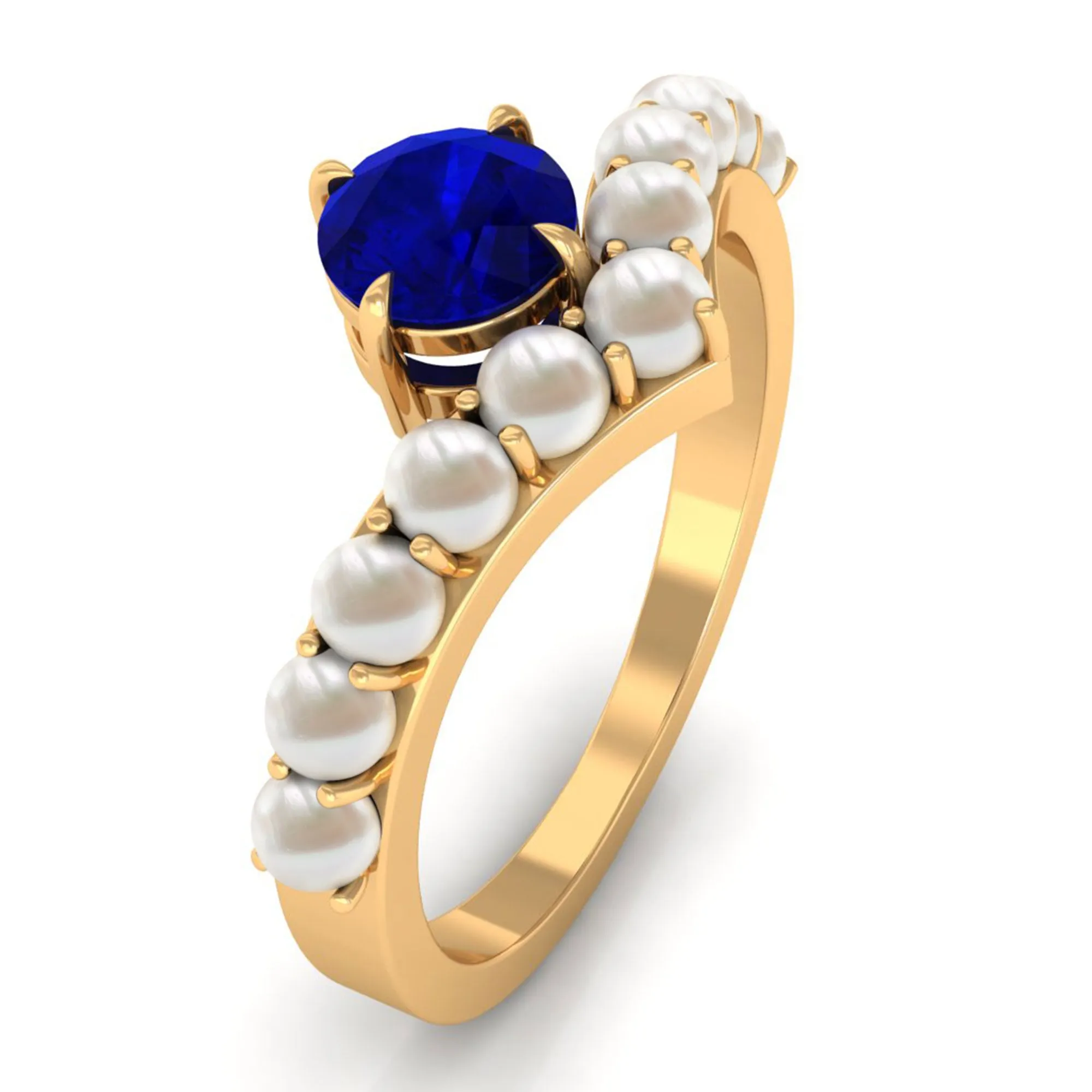 2 CT Solitaire Blue Sapphire and Freshwater Pearl Chevron Ring