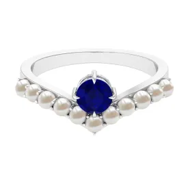 2 CT Solitaire Blue Sapphire and Freshwater Pearl Chevron Ring