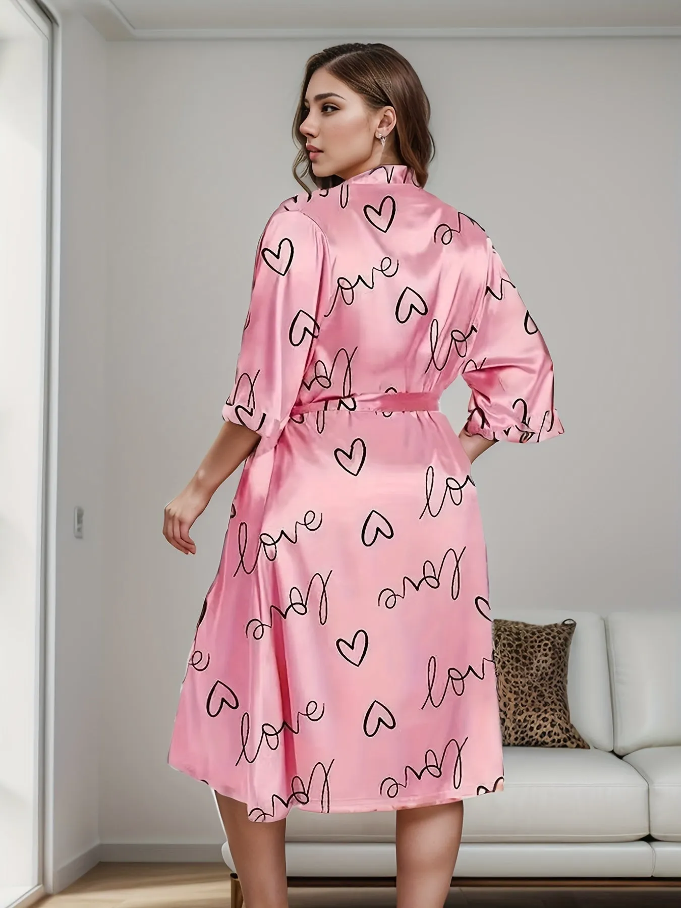 2-Piece Plus Size Elegant Bathrobe Set - Luxurious Satin Heart & Letter Print Open Front Robe and Cami Nightgown Loungewear for Women - Soft, Cozy, and Comfortable