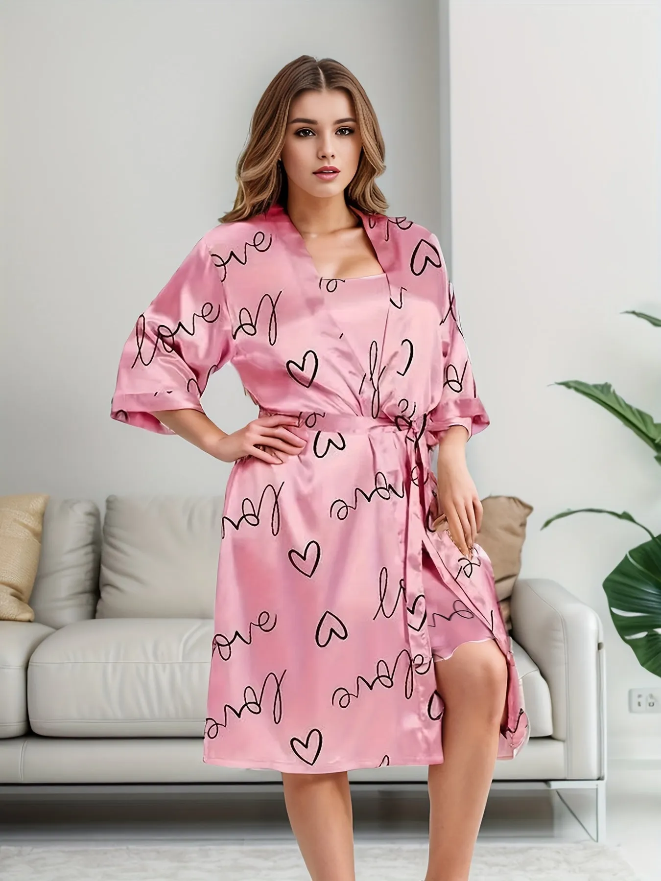 2-Piece Plus Size Elegant Bathrobe Set - Luxurious Satin Heart & Letter Print Open Front Robe and Cami Nightgown Loungewear for Women - Soft, Cozy, and Comfortable