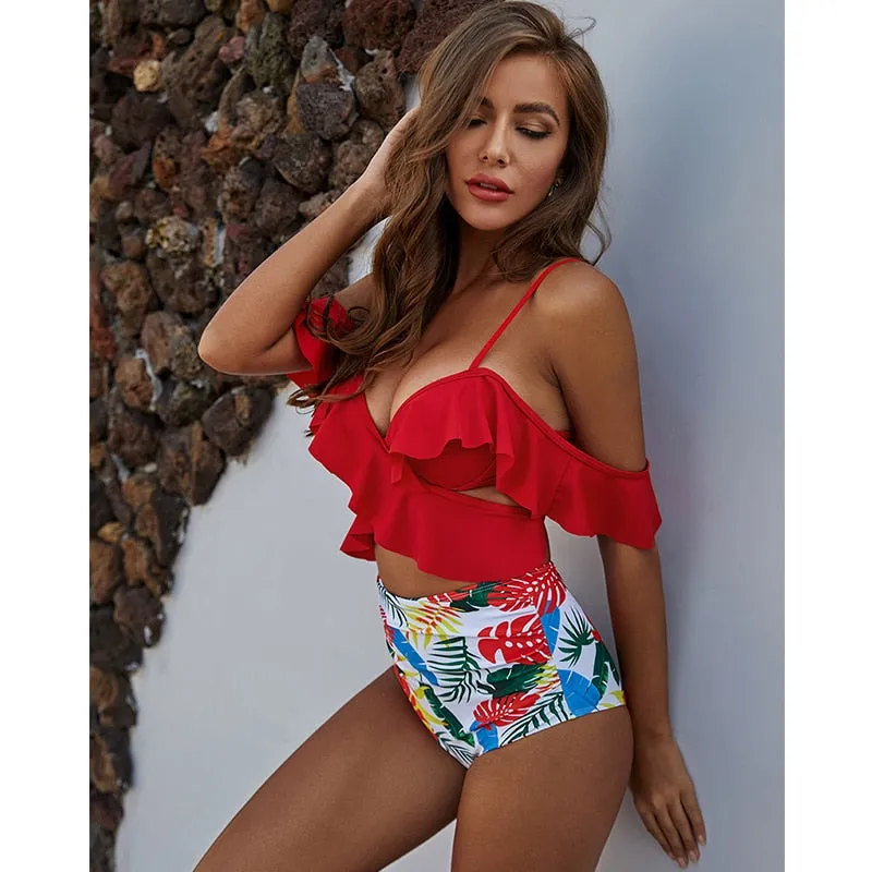 2 Piece Ruffle High Waist Bikini Swimwear Women Swimsuit Cross Bikini Set Off The Shoulder Bathing Suits Summer Beach Wear