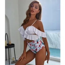 2 Piece Ruffle High Waist Bikini Swimwear Women Swimsuit Cross Bikini Set Off The Shoulder Bathing Suits Summer Beach Wear