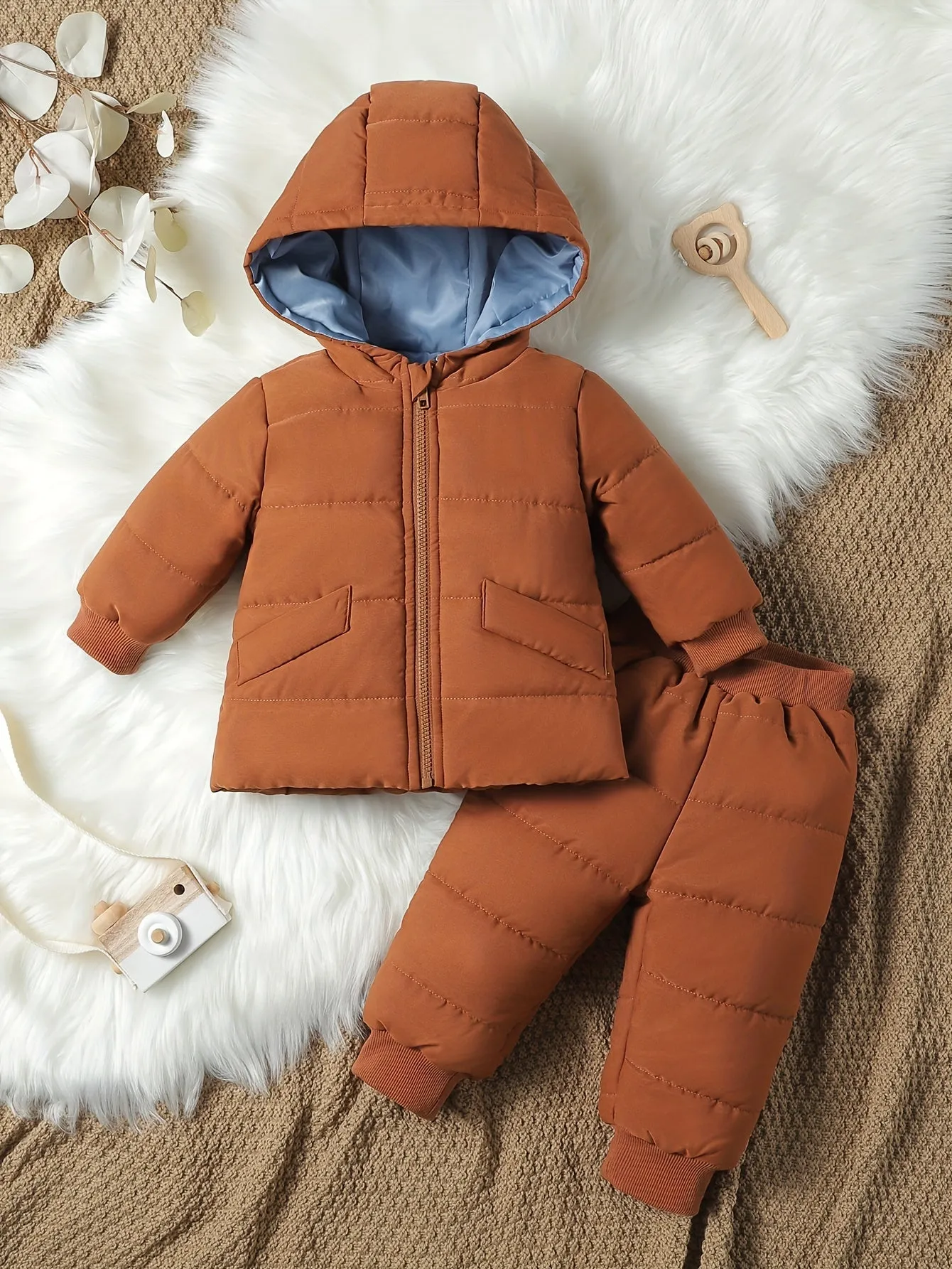 2-Piece Set of Baby Boy's Solid Color Hooded Quilted Jacket and Casual Pants - Pant Sets for Toddler and Infant Winter Fall Clothing - Soft, Warm, and Cozy Outfit for Little Ones