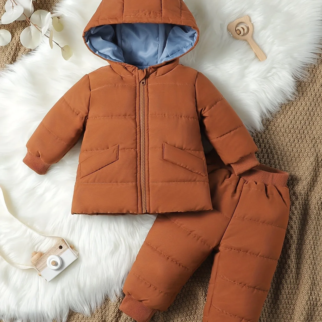 2-Piece Set of Baby Boy's Solid Color Hooded Quilted Jacket and Casual Pants - Pant Sets for Toddler and Infant Winter Fall Clothing - Soft, Warm, and Cozy Outfit for Little Ones