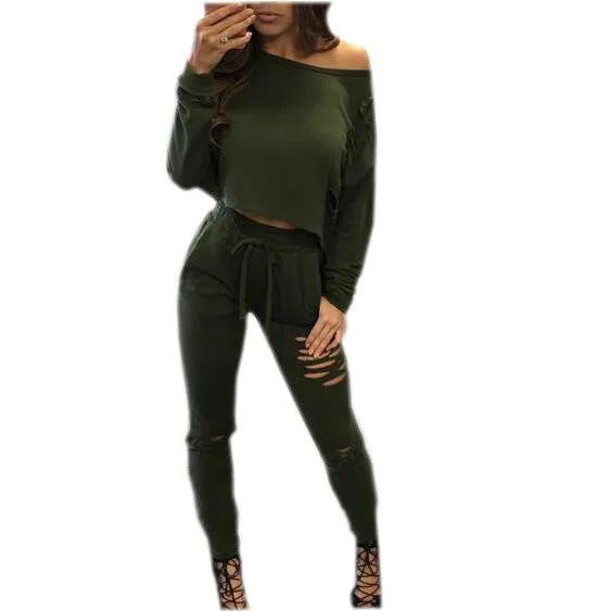 2 piece Women Pants and Crop Top Suit Sexy Hollow Out Sexy Holes Sportswear Tracksuit