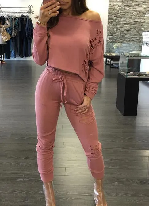 2 piece Women Pants and Crop Top Suit Sexy Hollow Out Sexy Holes Sportswear Tracksuit