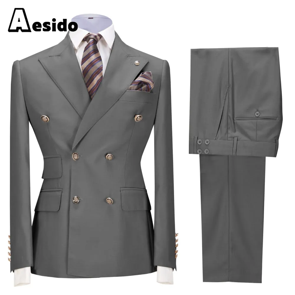 2 Pieces Business Mens Suit Slim Fit Peak Lapel Flat Blazer For Wedding (Blazer Pants)