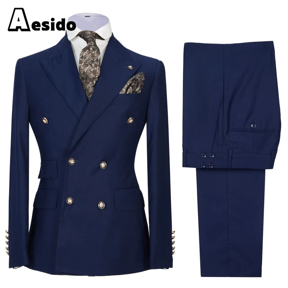 2 Pieces Business Mens Suit Slim Fit Peak Lapel Flat Blazer For Wedding (Blazer Pants)