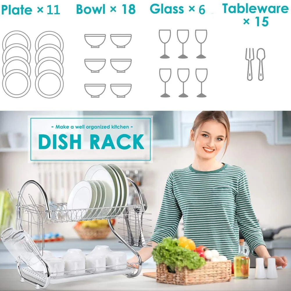 2 Tier Dish Rack with Drain Board for Kitchen Counter and Plated Chrome Dish Dryer Silver 42 x 25,5 x 38 cm