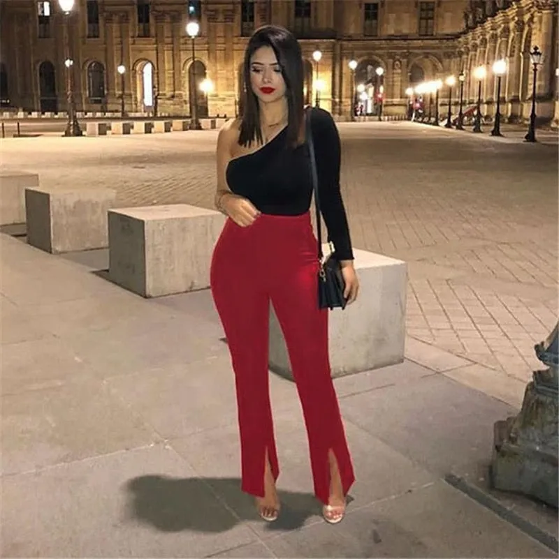 2021 New Ladies Casual Skinny High Waist Trousers Casual Women Solid Color Red Black Slit Flare Pants