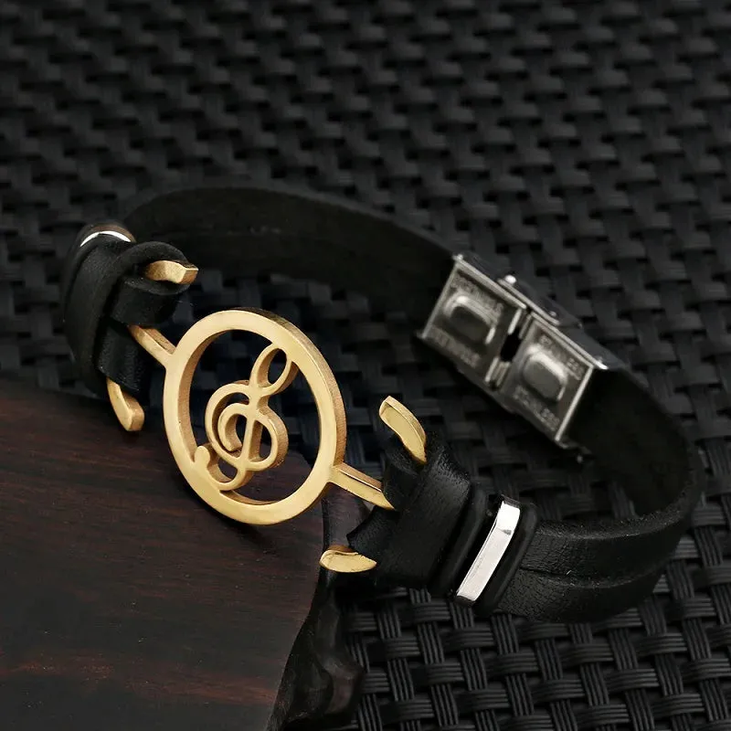 2021 Vintage Fashion Stainless Steel Hollow Carved Musical Note Leather Bracelet Charm Double Cuff Bracelet for Men Pulseira