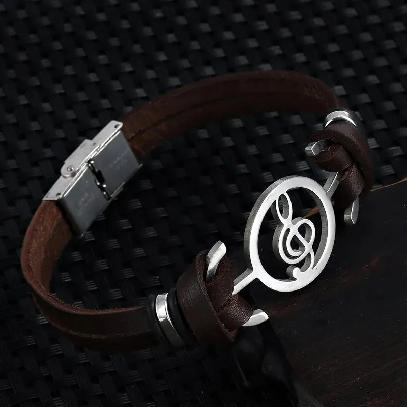 2021 Vintage Fashion Stainless Steel Hollow Carved Musical Note Leather Bracelet Charm Double Cuff Bracelet for Men Pulseira