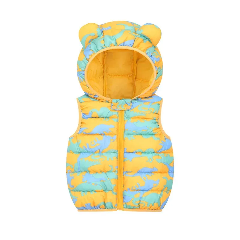 2023 Autumn Winter Baby Vest Hooded Cartoon Dinosaur Toddler Boy Girl Waistcost Kid Sleeveless Jacket Children Vest 0-5Y