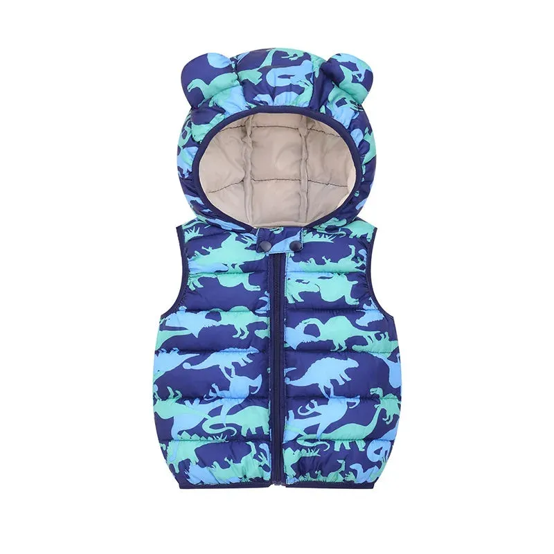 2023 Autumn Winter Baby Vest Hooded Cartoon Dinosaur Toddler Boy Girl Waistcost Kid Sleeveless Jacket Children Vest 0-5Y