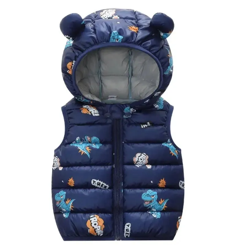 2023 Autumn Winter Baby Vest Hooded Cartoon Dinosaur Toddler Boy Girl Waistcost Kid Sleeveless Jacket Children Vest 0-5Y